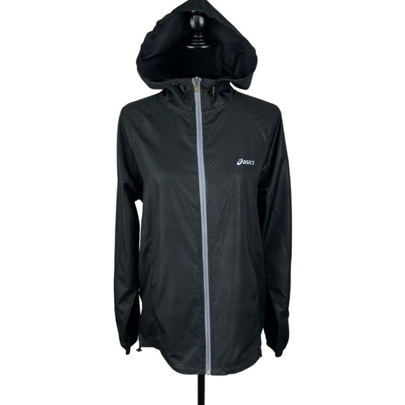 Asics Black Hooded Rain Jacket Mens Black Full Zip Polyester lightweight size S - Picture 1 of 13